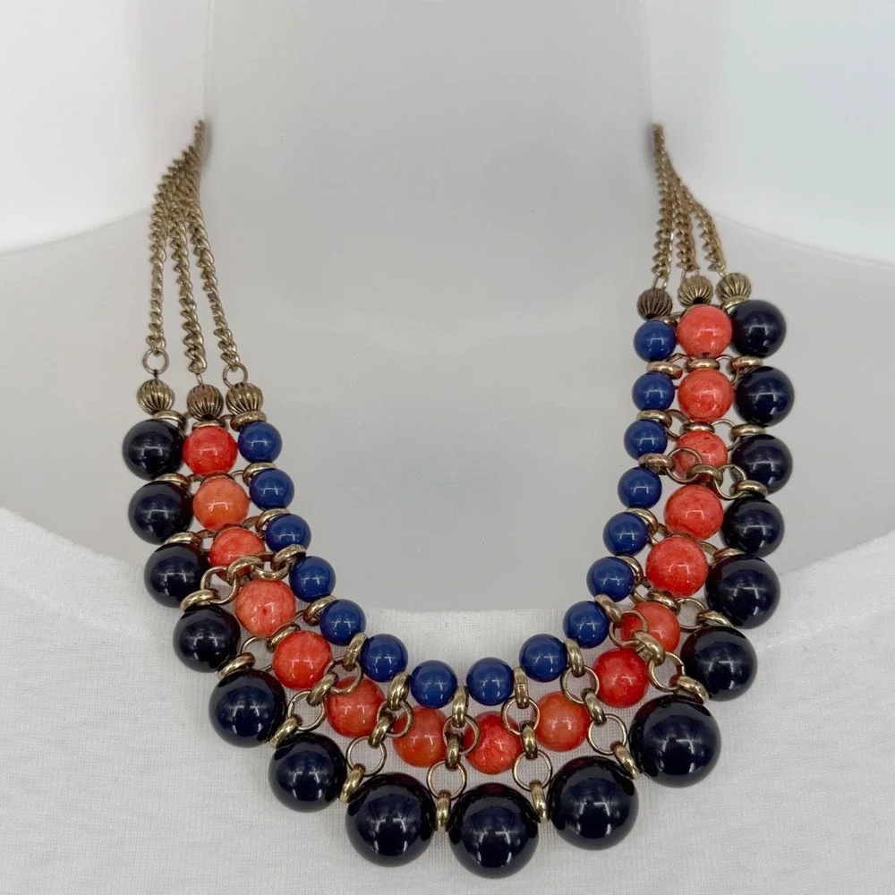 Eva Mendes NY & Co Triple Strand Bib Necklace Blue Coral Bead Gold Tone 103-192